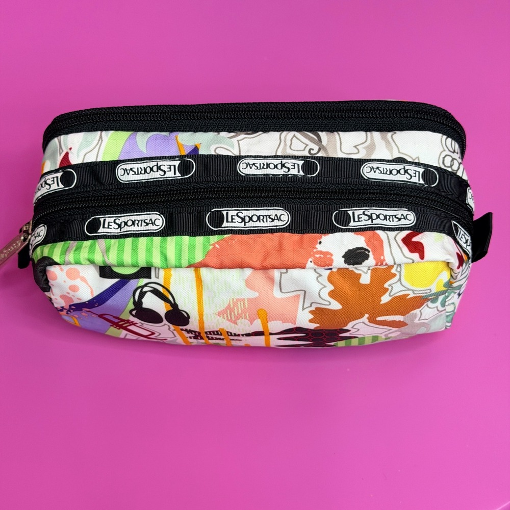 LeSportsac Rectangular Cosmetic Pouch Multicolor Jazz Graffiti Makeup Bag 3 Zip